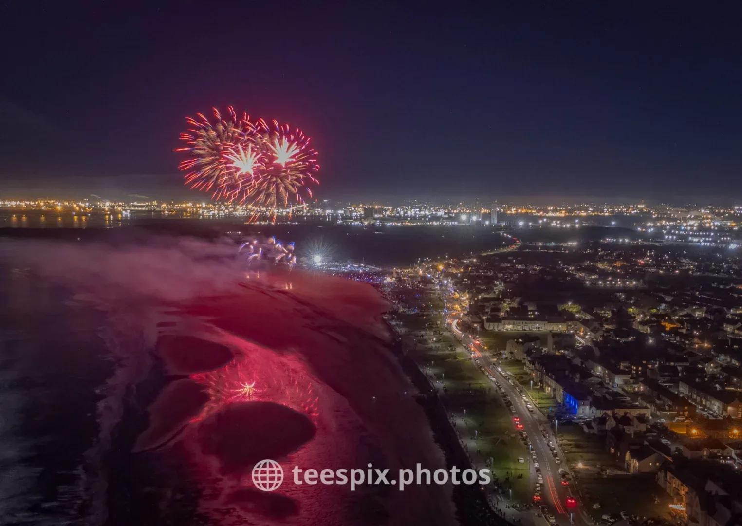 Hartlepool Fireworks at Seaton Carew from a drone looking down the beach