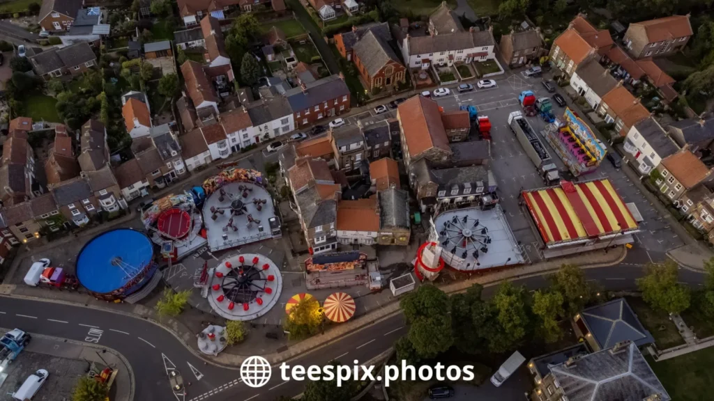 Stokesley Fair from above showing the rides on the High Street