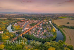 Print of Yarm at Sunset. This is an Aerial Photo of Yarm at Sunset showing the Yarm Viaduct, High Street and River