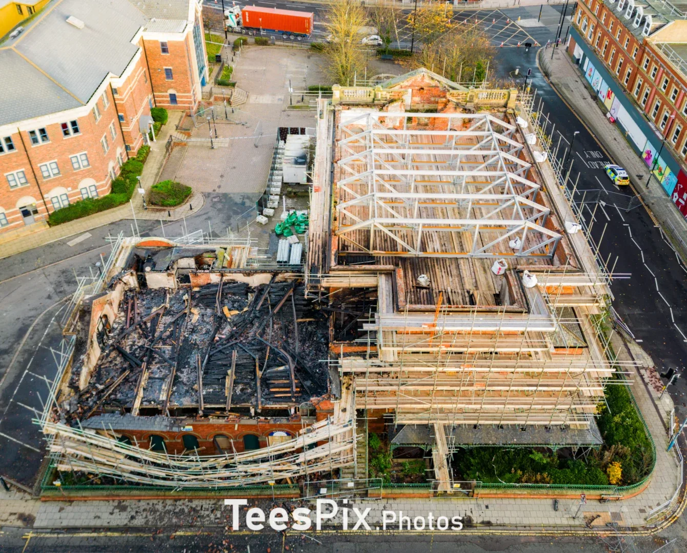 The Wesley in Hartlepool following the 2023 fire showing the charred remains of the back of the building.