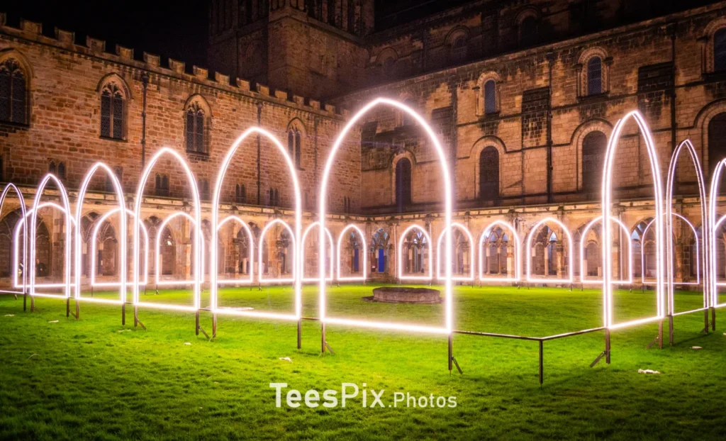 The inner court yard of Durham Catherdral cloisters showing Adam Frelin's Inner Cloister artwork as part of Lumiere Durham
