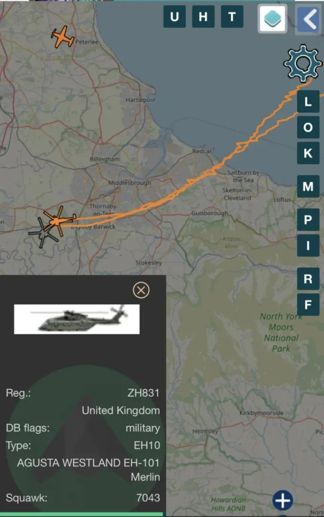 Flight tracker map showing the route of the helicopter over Teesside